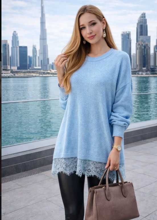 Açık Mavi Dantel Detaylı Oversize Triko Kazak